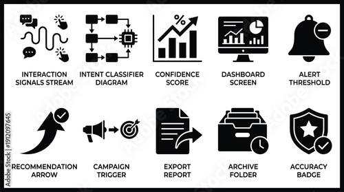 Collection of icons related to data analysis and marketing automation