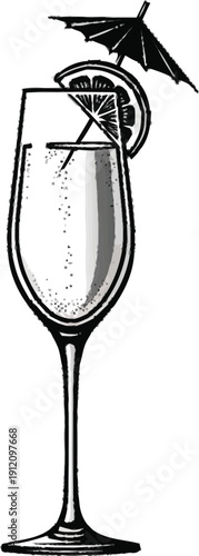 Elegant tall glass of sparkling wine with lemon slice and small cocktail umbrella decoration sketch isolated on transparent backdrop
