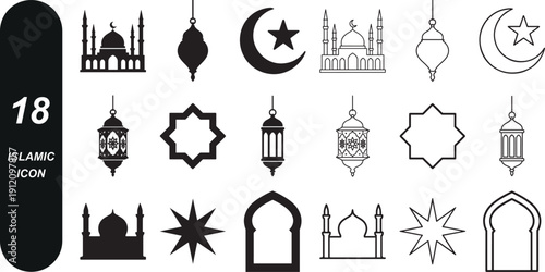 Simplified Islamic icons with mosque crescent star symbols.