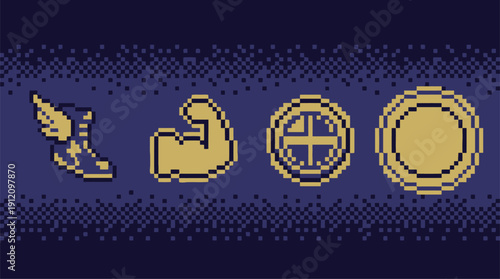 Pixel art icons representing strength and achievement.