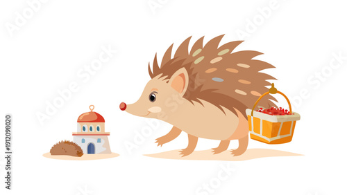 A cute hedgehog with a basket of dates attached to its back spikes, walking toward a small mosque.