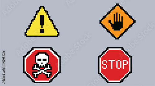 Warning signs and symbols indicating danger and prohibition.