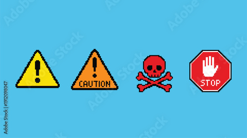 Warning signs and symbols indicating danger and caution.