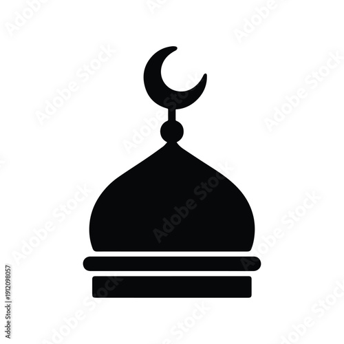 Black mosque dome icon with crescent moon isolated on white background