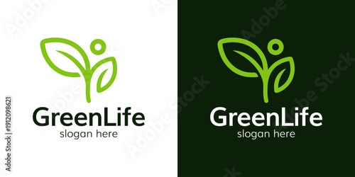 Simple green life logo design template illustration. Plant leaf with people design graphic vector. Symbol, icon, creative.