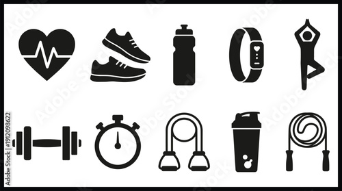 Fitness icons including heart rate and dumbbell