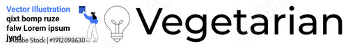 Healthy eating, vegetarian diet, eco-friendly lifestyles, minimal design, sustainability, and nutrition. Light bulb icon next to the word Vegetarian. Healthy eating and vegetarian diet