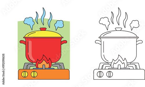 Vector illustration of red cooking pot on gas stove with steam. Set of colorful and black and white outline version for coloring book page or kitchen icon design.