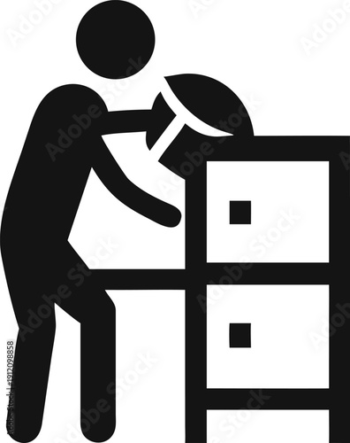 The silhouette of a person organizing files into a two drawer cabinet