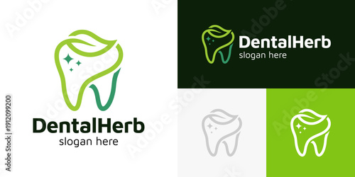 Simple dental herb logo design template illustration. Plant leaf with dental care design graphic vector. Symbol, icon, creative.