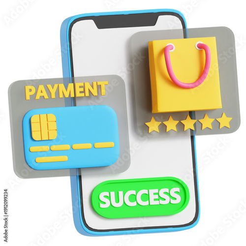 3D Mobile Payment Success with Shopping Bag and Star Ratings
