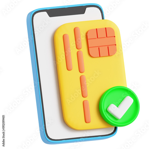 3D illustration of a mobile phone with a credit card and a checkmark for payment confirmation