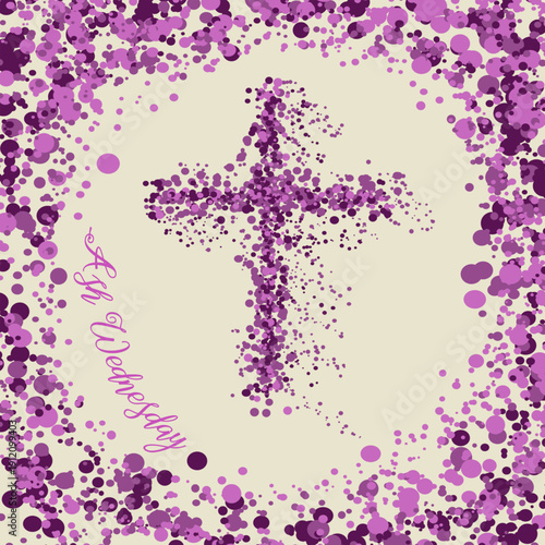 Artistic purple mosaic cross for Ash Wednesday on white cream background.