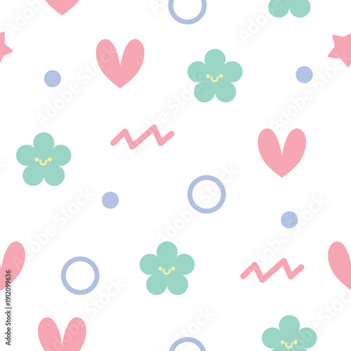 Lovely seamless pattern with cute smiling flowers, hearts, and dots. Sweet floral background for girls fashion, valentine theme, and nursery textile design