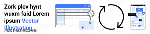 Financial technology, data management, synchronization, budgeting tools, app integration, mobile usability. Spreadsheet with calculator icon linked to phone. Financial technology and data management