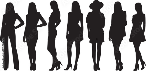 Fashion women silhouettes set, woman model silhouette. girls woman posing set vector illustration.