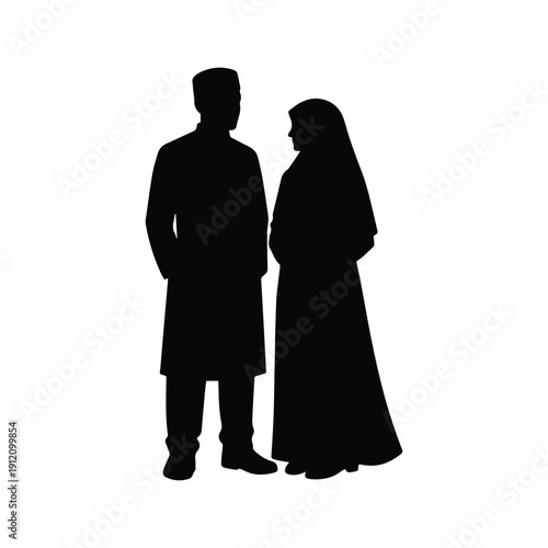 Silhouette of a Muslim couple in traditional attire isolated on white background