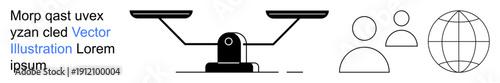 Justice, equality, global communication, teamwork, internet services, partnerships. Image shows a balance scale, globe and user icons. Justice and equality through balanced scales and community