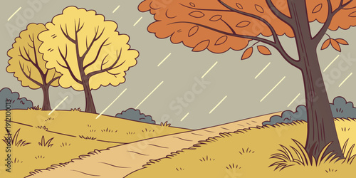 A serene autumn landscape with vibrant trees and a clear blue sky