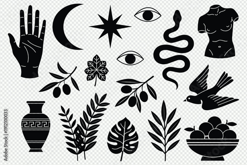 Mystical symbols and ancient motifs in Silhouette illustration style