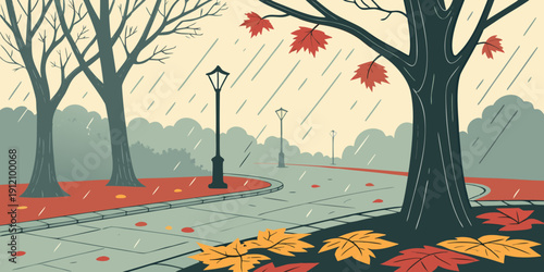 A serene autumn scene with falling leaves and a peaceful park setting