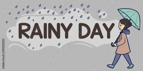 A woman with an umbrella walking on a rainy day with snowflakes falling around her