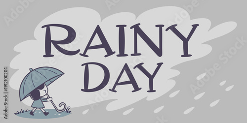 A whimsical illustration of a rainy day with an umbrella and a puddle reflecting the scene.