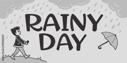 A person walking with an umbrella on a rainy day with mountains in the background