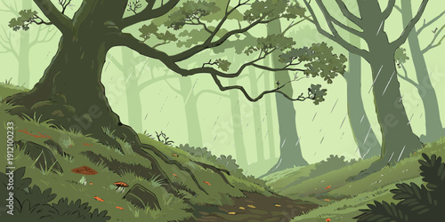 A serene forest scene with tall trees and a misty atmosphere on a sunny day