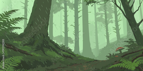 A mysterious forest with tall trees and dappled sunlight