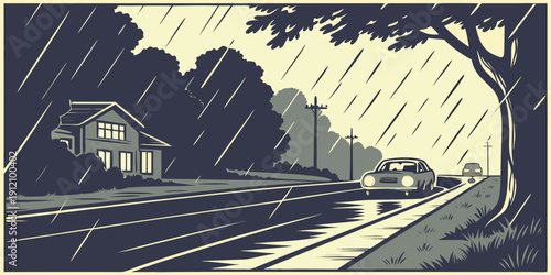 A lone train travels through a stormy landscape on a rainy day.