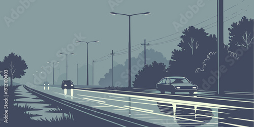 A scenic view of a highway with cars and streetlights in the distance.