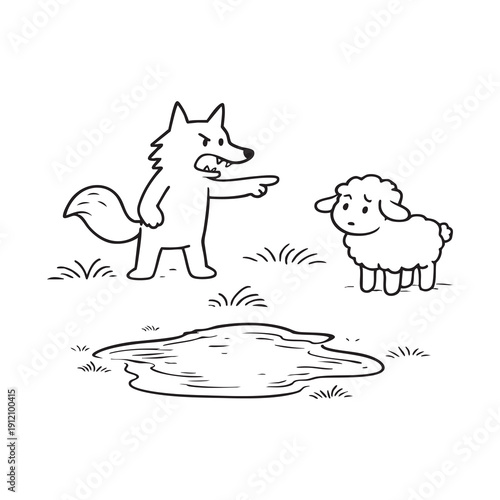 Aesop’s fable The Wolf and the Lamb vector illustration. Fairy tale line art doodle in hand-drawn ink style, perfect for children’s stories and educational use. Transparent background.
