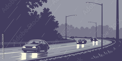 A fleet of cars traveling on a highway during a foggy day.