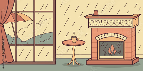 A cozy living room with a fireplace and a cat lounging by the window.