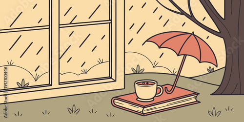 A cozy corner with a teacup and an umbrella on a rainy day.