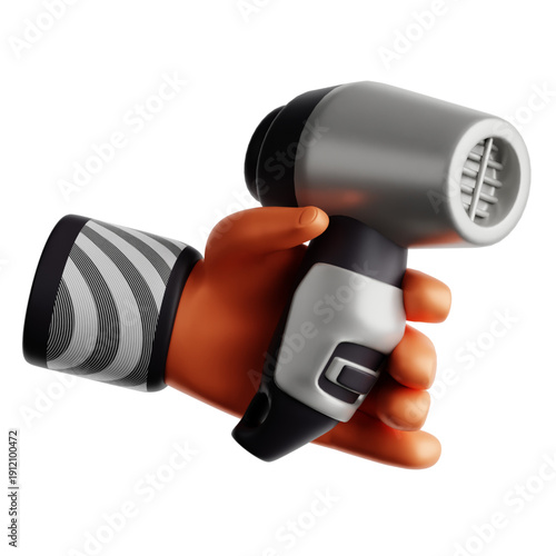 3D illustration of a hand holding a silver and black hairdryer