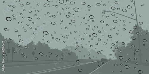 A dense swarm of insects flying over a rural landscape with trees and a road.