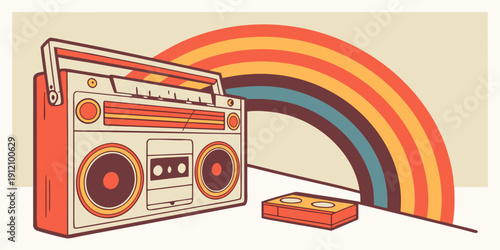 Vintage boombox with rainbow background and cassette tape on the side