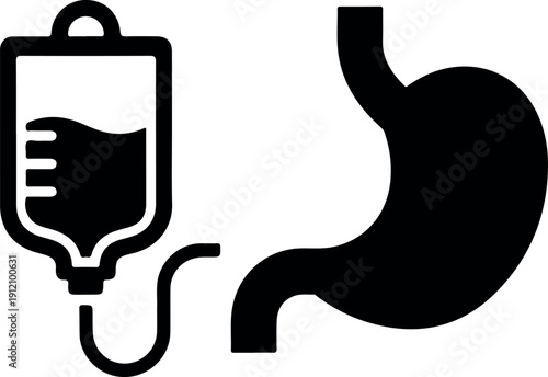 Intravenous IV drip bag with stomach icon medical healthcare treatment concept minimalist black and white illustration