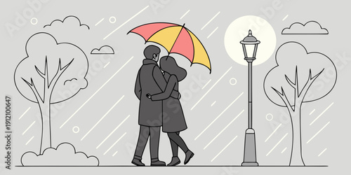 Couple sharing an umbrella on a rainy night with street lamps and trees
