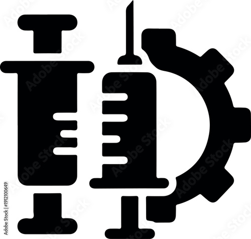 Isometric gear and syringe icon set for medical technology innovation and healthcare automation vector illustration