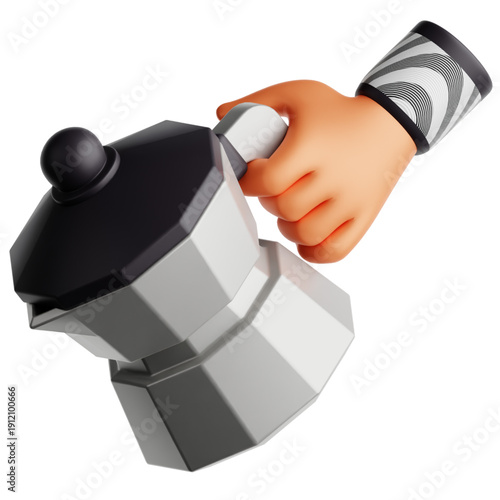 3D hand holding a vintage stovetop espresso maker, a classic coffee brewing icon