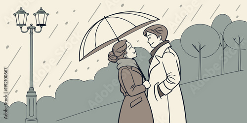 A person holding an umbrella walks down a tree-lined street on a rainy day.