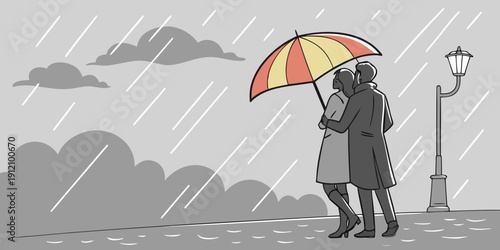 Two people sharing an umbrella on a rainy day under a street lamp