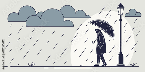 A person walking with an umbrella on a rainy day under a street lamp