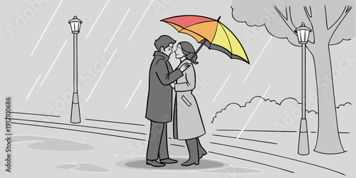 A couple sharing an umbrella on a rainy day, with a streetlamp and a yellow umbrella in the background.