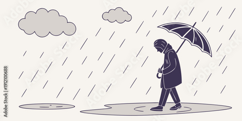 A person with an umbrella walking in the rain on a wet pavement.