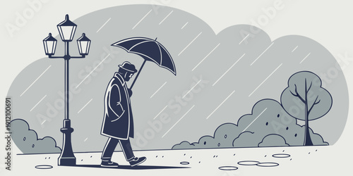 A person holding an umbrella walks in the rain under a street lamp.