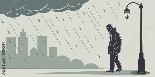 A person stands under a street lamp in the rain, looking out at a city skyline.